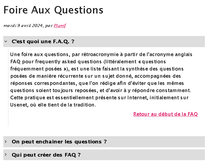 Capture d'écran de l'affichage d'une FAQ dans un article public