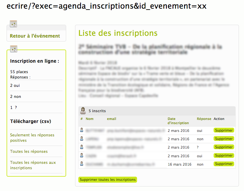 Liste des inscriptions Liste des inscriptions