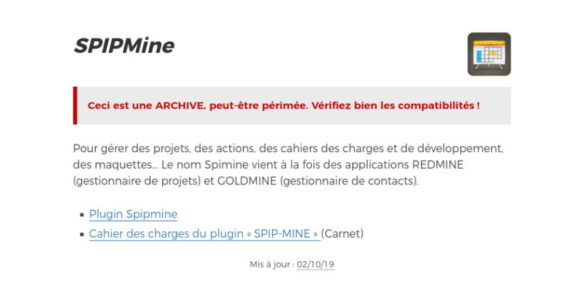 Capture d'écran de l'affichage du descriptif de la rubrique archivée SPIPMine avec la liste des articles disponibles