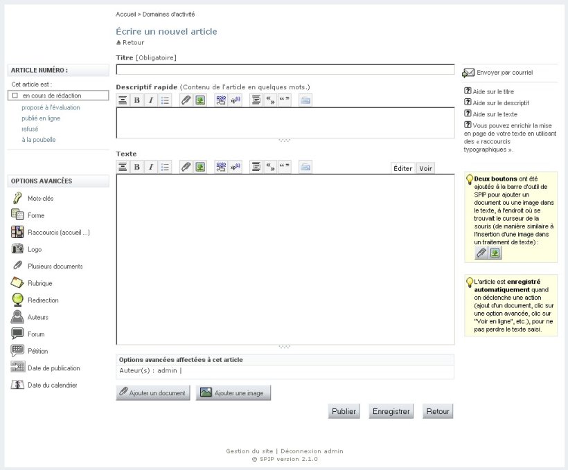 Copie d'écran sous SPIP 2.1.0 avec l'extension “Porte plume” Copie d'écran sous SPIP 2.1.0 avec l'extension “Porte plume”