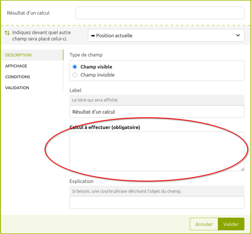 Configuration de la saisie calcul